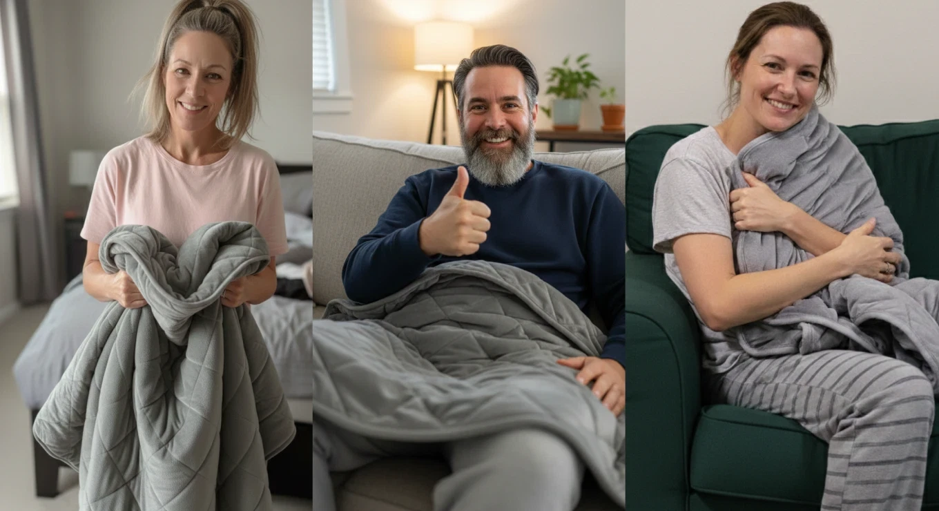 Woman enjoying a restful night's sleep with a weighted blanket.
